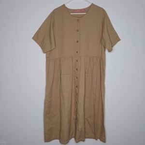Y2K Vtg Woman Within Dress Midi Short Sleeve Pocket Button Khaki Tan Jumper 20WP
